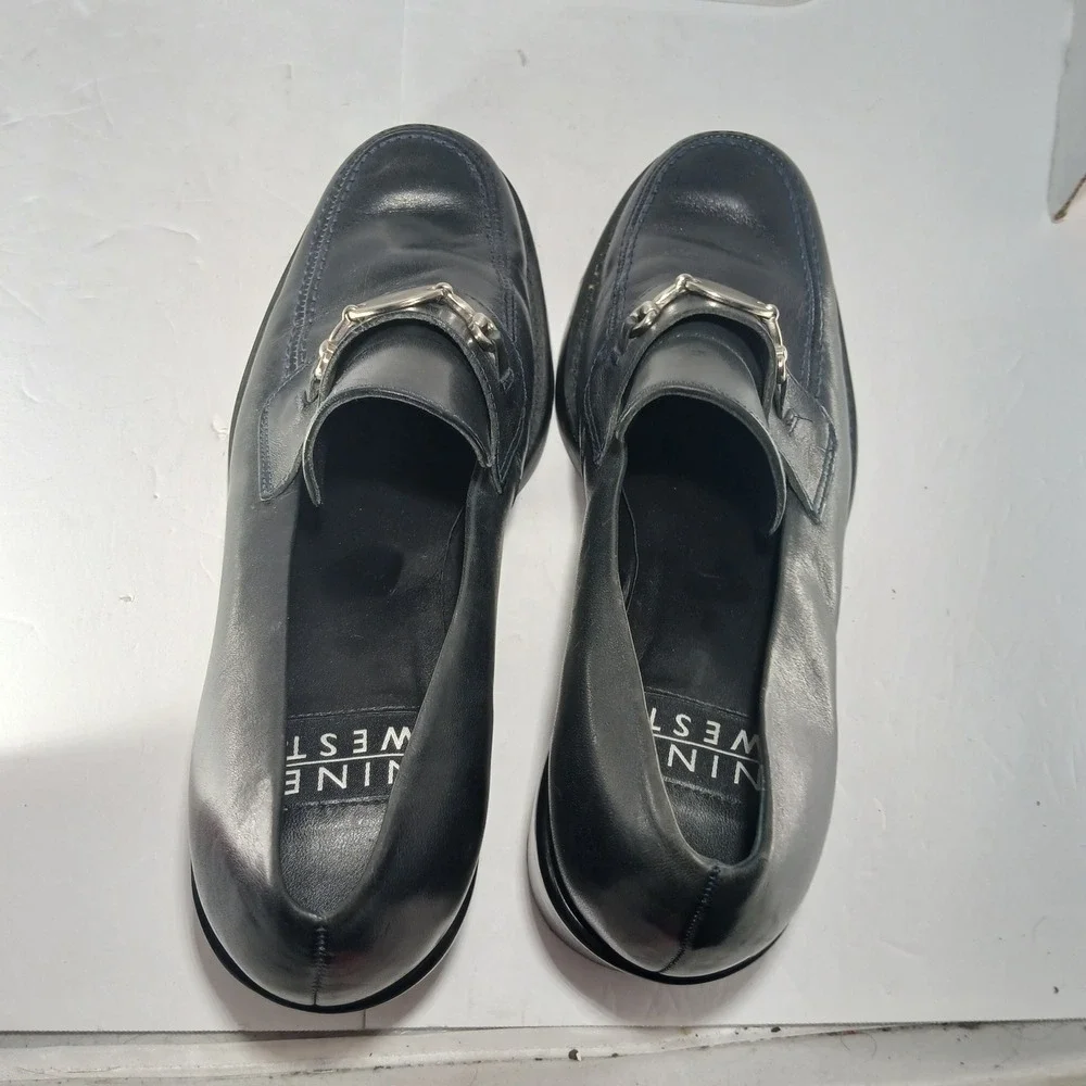 Nine West Permit Loafers 8M Navy Blue Leather Chunky Block Heel Horsebit Vintage